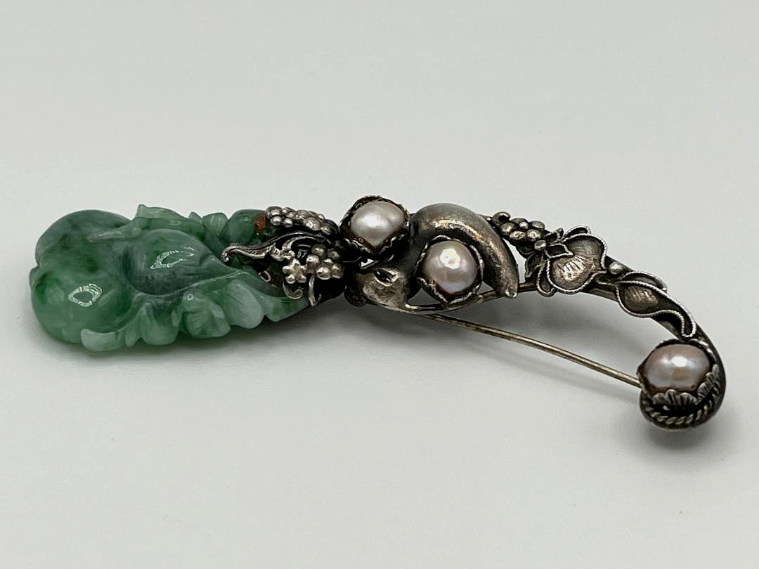 Estate Vtg Chinese Export Carved Green Jadeite Jade 925 Sterling Silver Brooch
