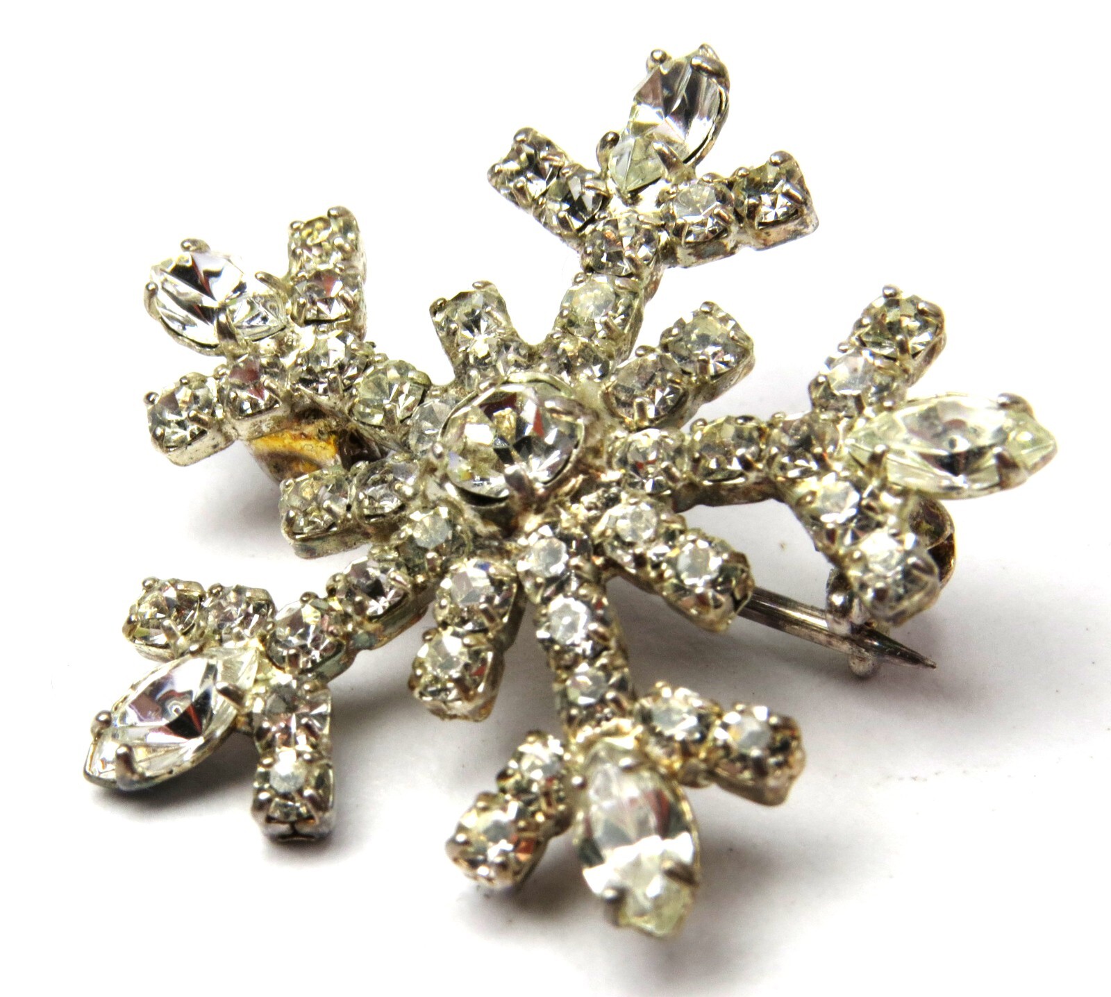 Pretty Rhinestone Snowflake Vintage Brooch, About 1-1/8″ Across – Read
