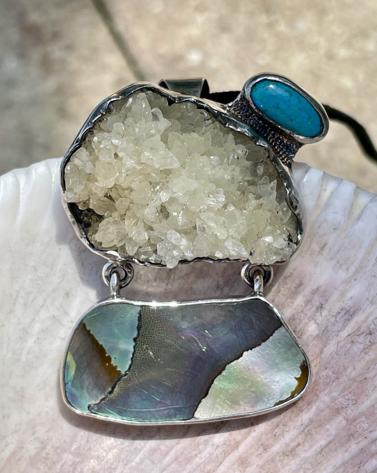 🎥Rock Crystal Rainbow Abalone Turquoise 2″ Pendant Brooch Mex Sterling Silver