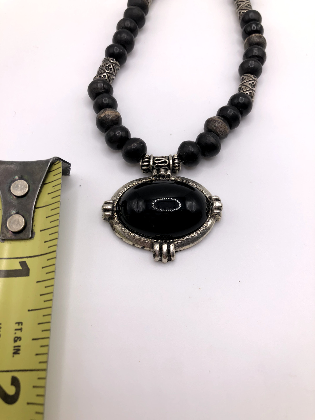 Vintage Black Beaded Necklace & Cabochon Pendant with Silver Tone Accents 20″