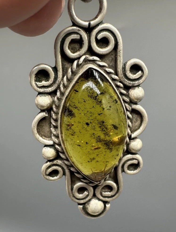 Vintage Sterling Silver Pendant Amber Resin Cabochon Boho Scroll Marquise 2”