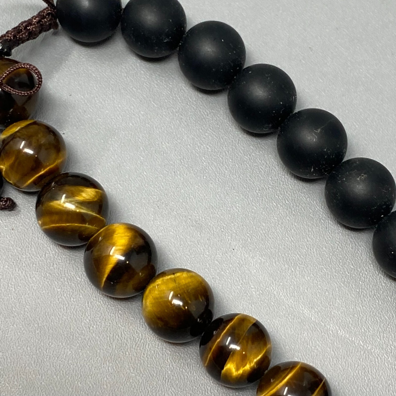 Mixed Stone Bracelet Gold Tigers Eye Black Matte Beads Buddha Head Slide 7-8″