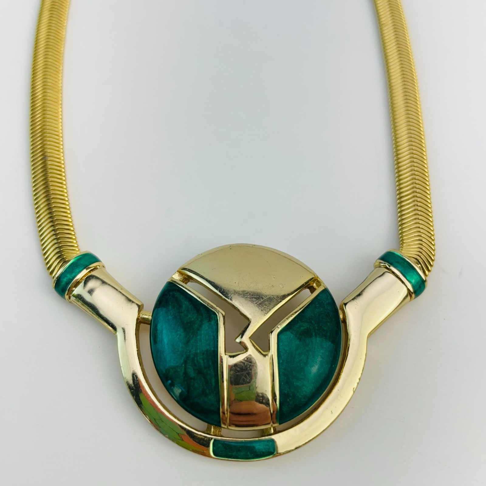Vintage Orena Paris Choker Necklace Gold Tone Green Enamel Modernist Collar