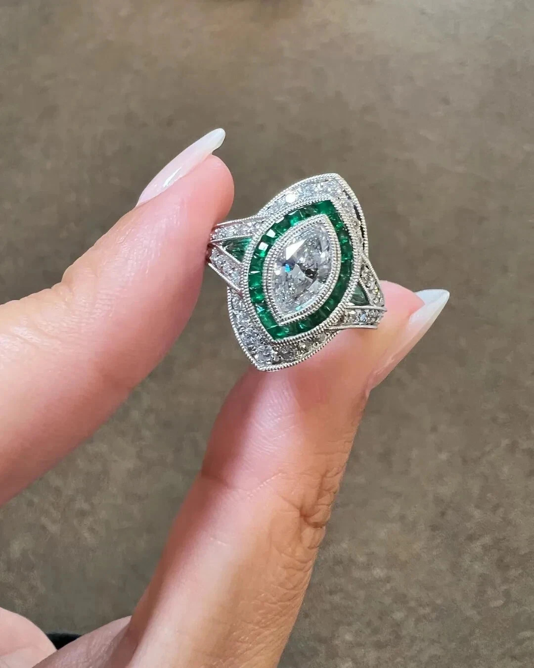 Art Deco Vintage Lab Created Emerald Diamond Engagement & Gift 925 Silver Ring