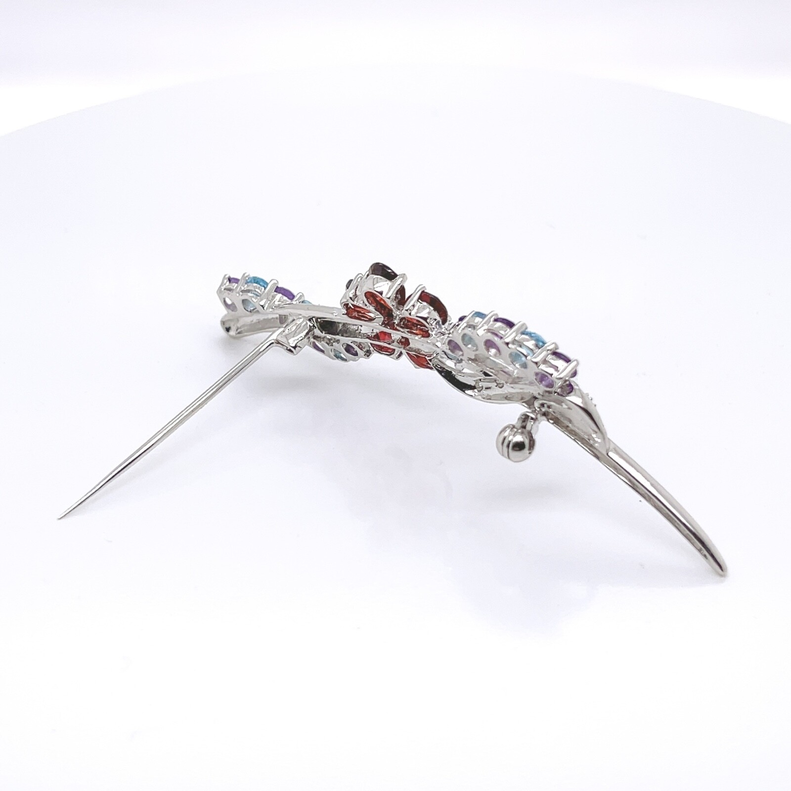 14 Karat White Gold, Diamond, Spinel, Amethyst, & Garnet Flower Brooch – 14k VR