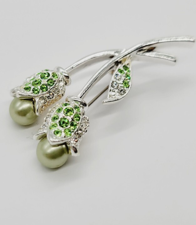 Vintage Flower Bouquet Brooch Green Faux Pearls Silver Tone Crystal Accent