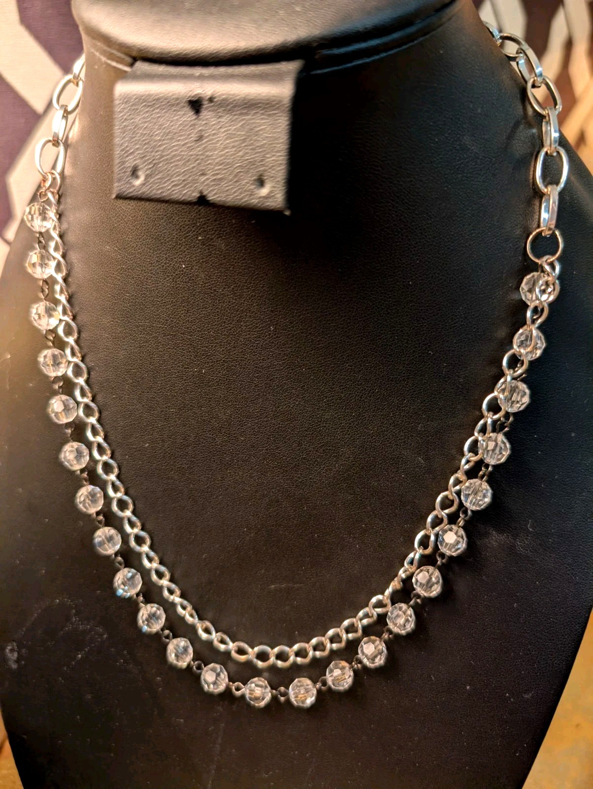 VTG NECKLACE 2 UNIQUE STRANDS ONE SILVER TONE CHAIN & ONE WITH FAUX CRYSTALS