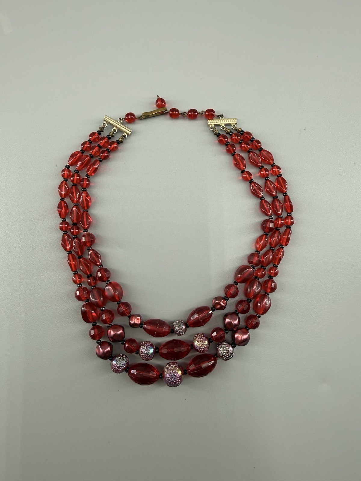 Vintage West Germany Ruby Red Glass Bead 3 Strand Necklace Art Glass Accent