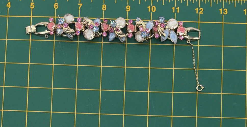 JULIANA Blue Pink White Givre w/Metal Leaves Bicolor Art Glass Bracelet Ref.#169
