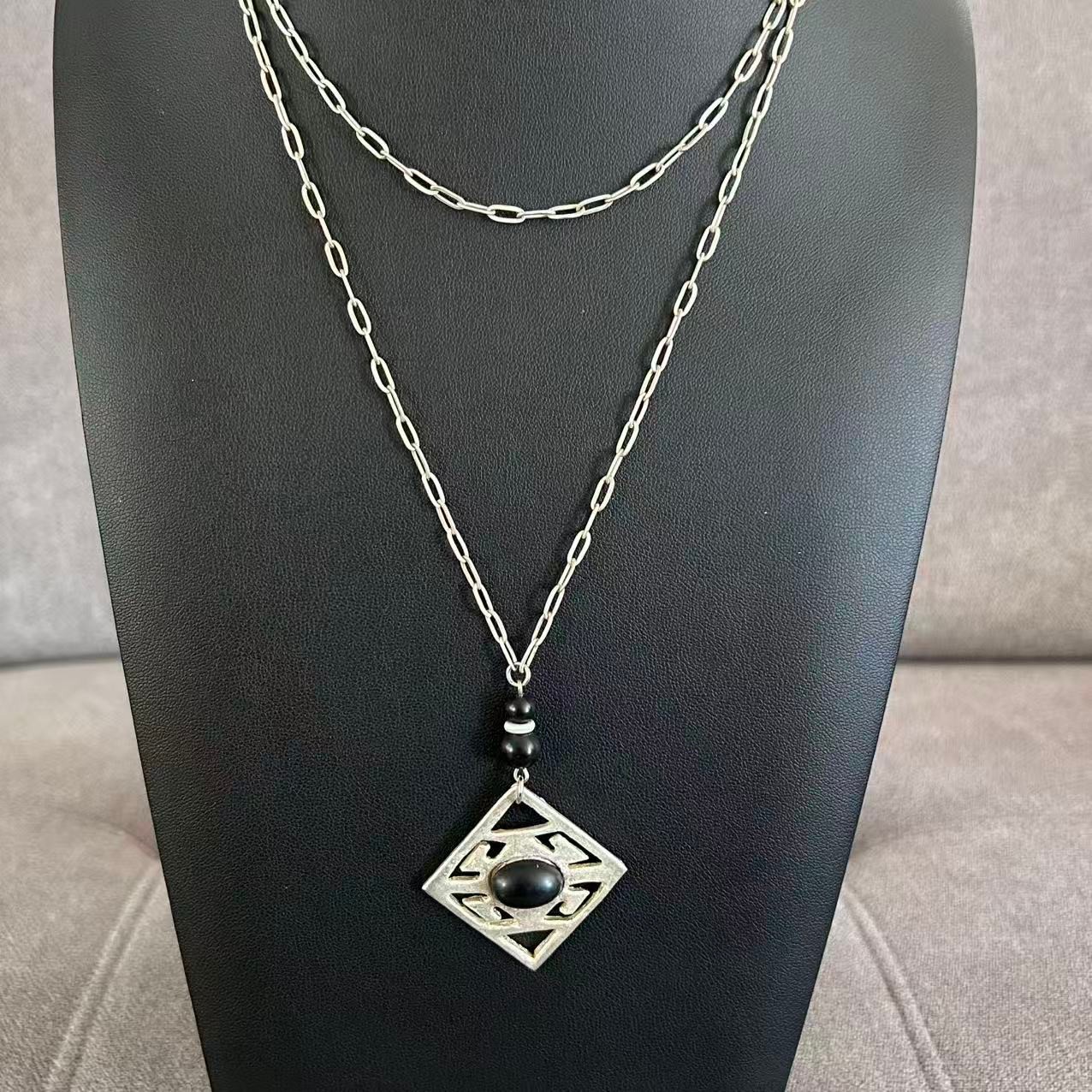 Vintage Modernist Geometric Pendant Necklace Simulated Black Onyx ~36”