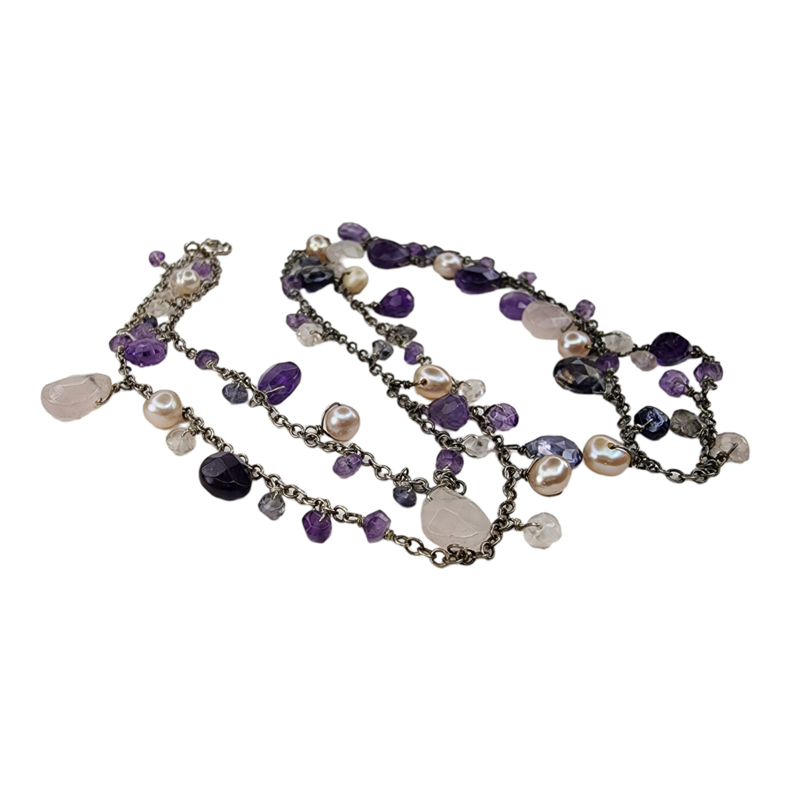 Sterling Silver 925 Necklace Faceted Amethyst Clear Quartz Pearl Beaded Dangle
