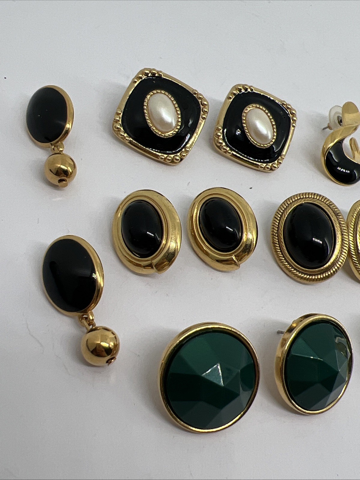 8 Vintage Goldtone Black Enamel Green Pierced Earrings Monet Trifari Avon