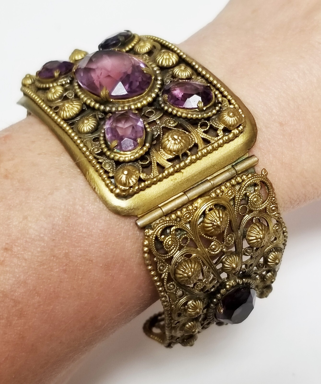Georgian Style Czech Open Back Amethyst Cannetille Wire Work Panel Bracelet