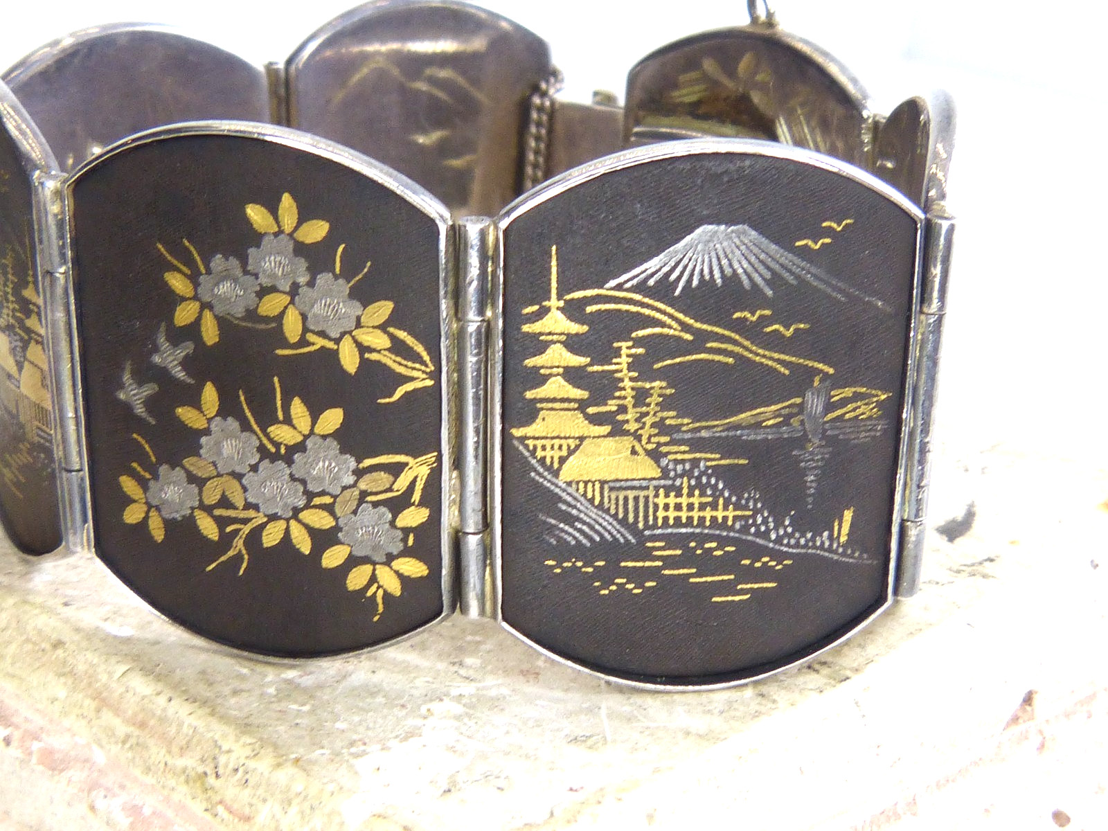 Large Antique Japanese Sterling Silver Bracelet W Mixed Metal Damascene Designs