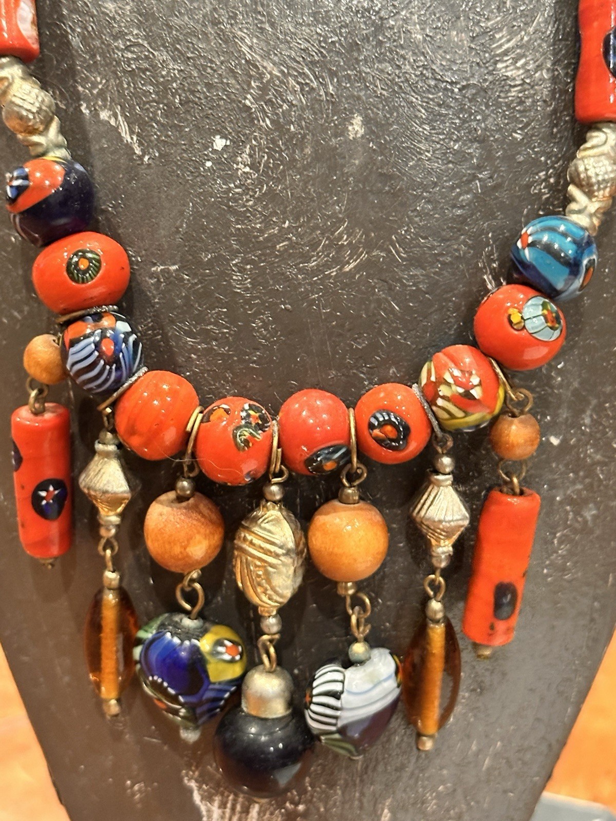 MOROCCAN BERBER CERAMIC WOOD GLASS STAR FLORAL DANGLING BEADS 19″ NECKLACE EUC