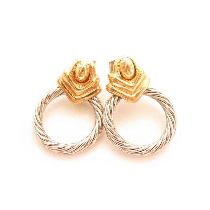 Vintage Two Tone Yellow White Gold Plated Celtic Cable Circle Earrings