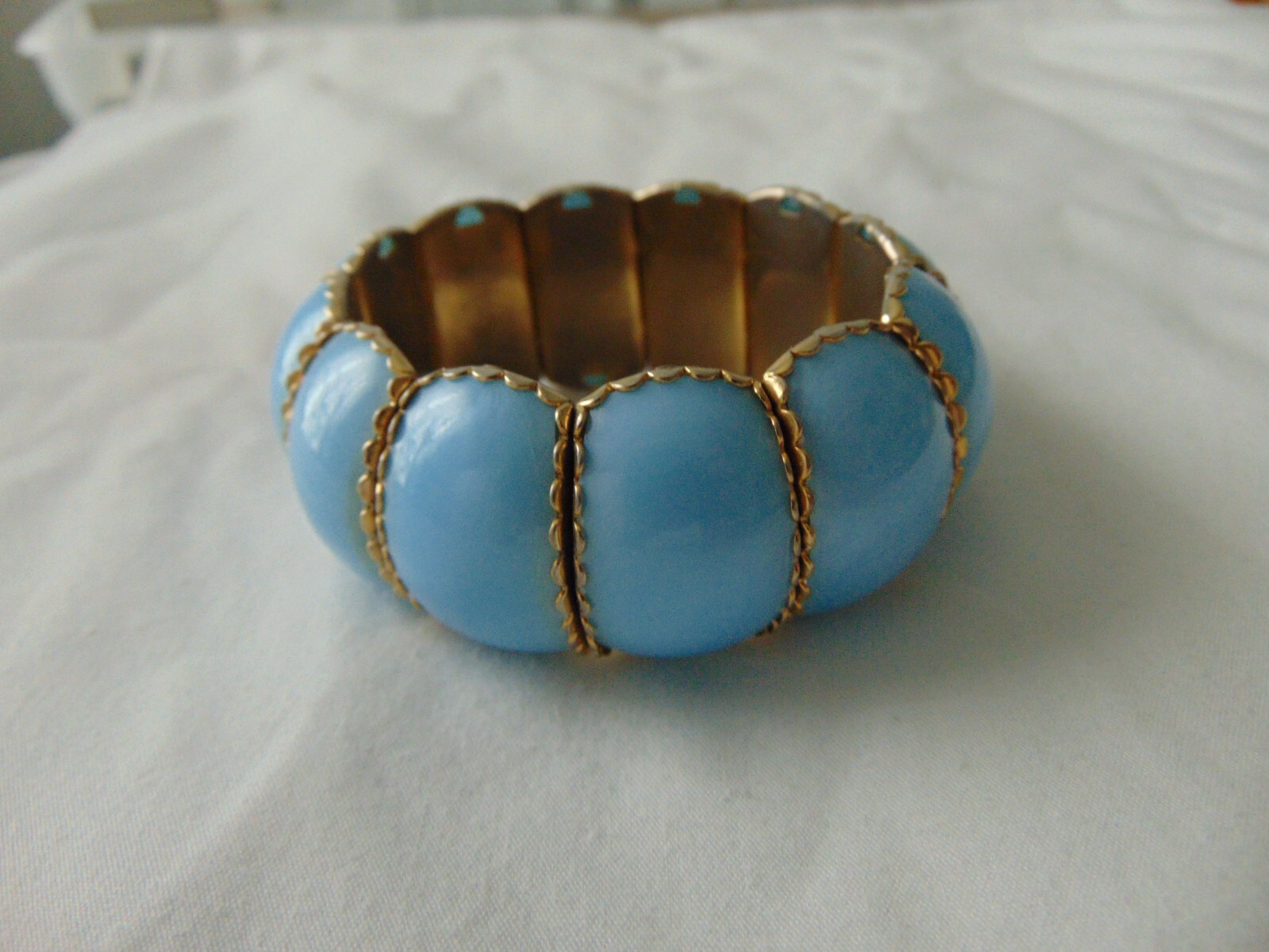 vintage antique blue plastic gold trim metal expandable bracelet