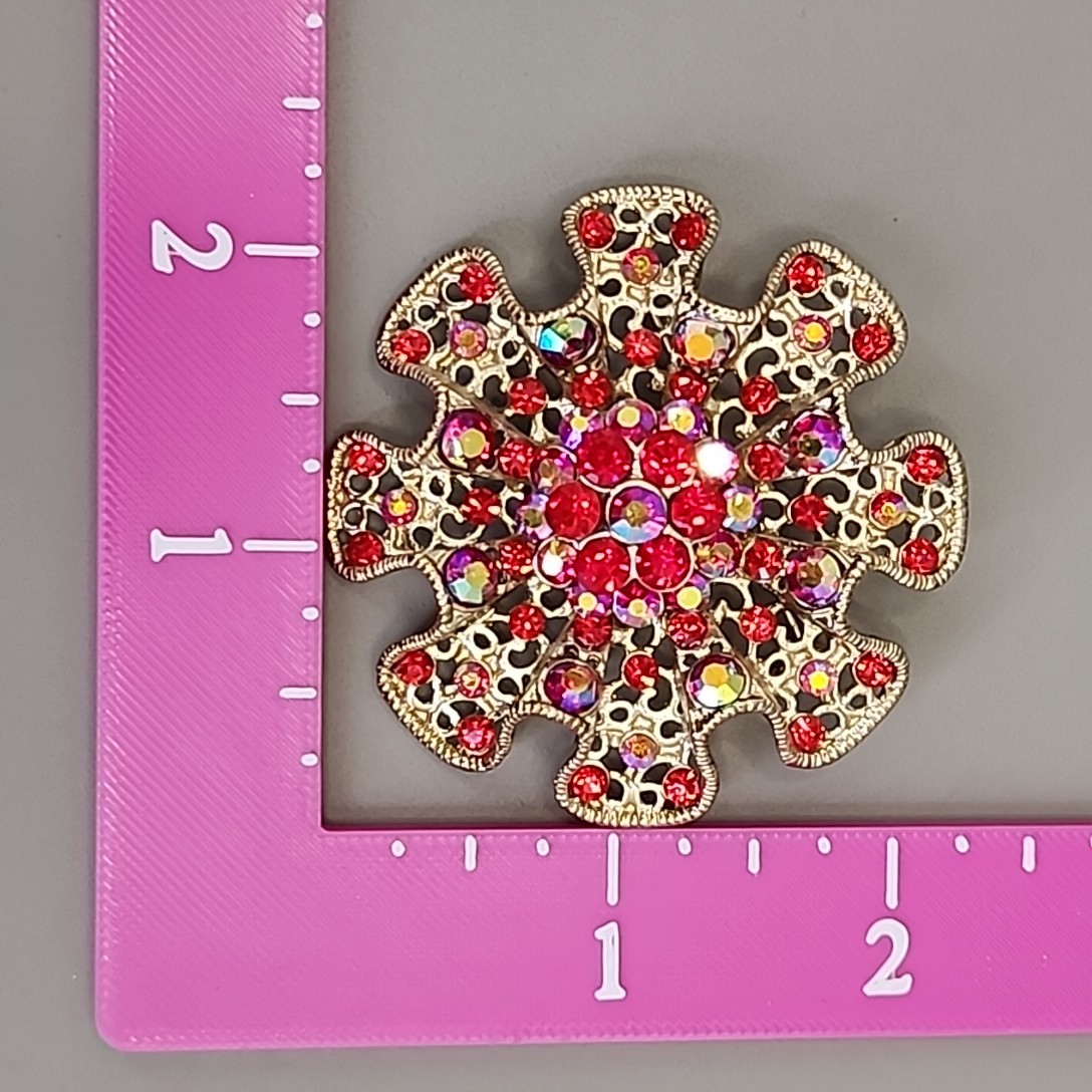 Vintage Rhinestone Brooch AB Red Bead Gold Tone Round Ruffle Wavy 2 1/8″