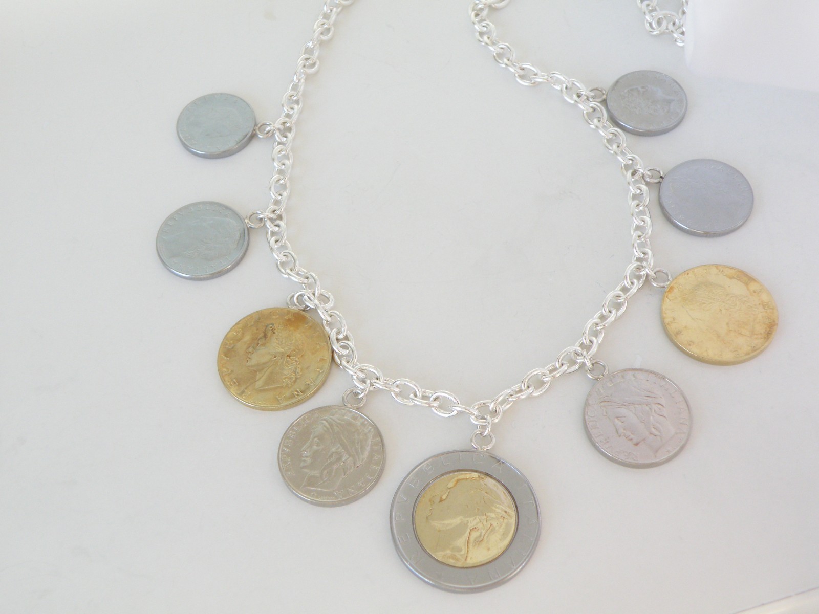 Milor Italy Sterling Silver 925 Italian Coin Charm Rolo Link Heavy Necklace 20″