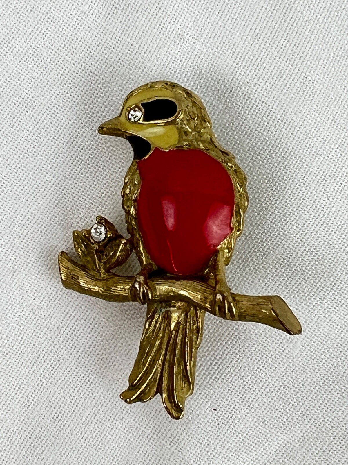 Lot of 3 Gold Tone Bird Brooches Pins Jelly Belly Rhinestones Red Orange Cream