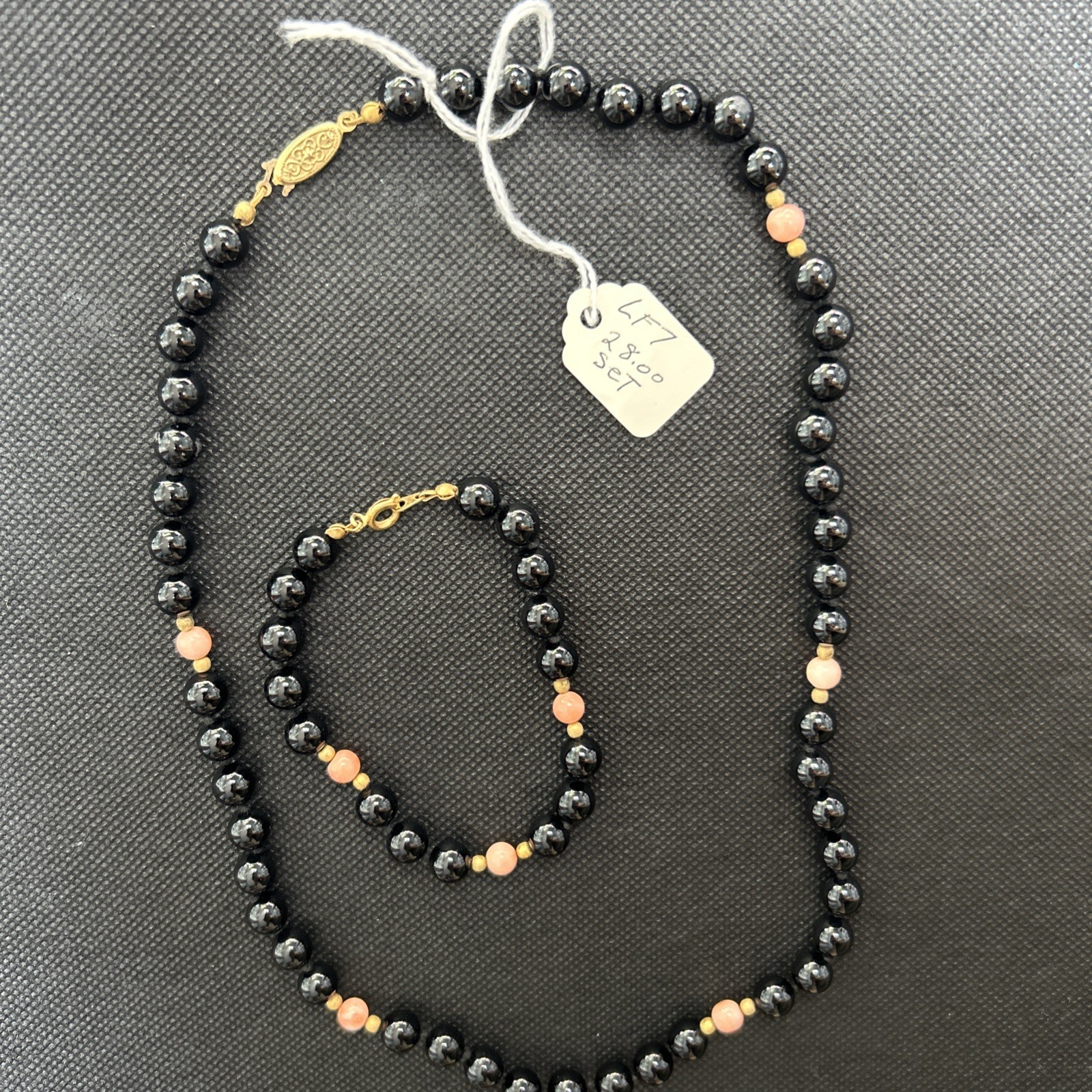 VTG Black Onyx & Coral Hand Knot Necklace 20” & Bracelet 8” Set