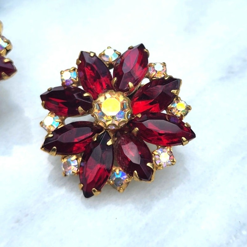 Rare Juliana DeLizza And Elster Red Rhinestone Necklace and Earrings Set