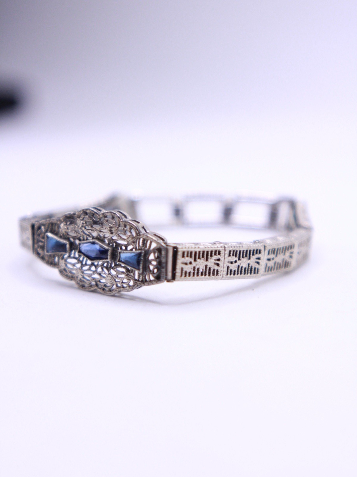 Vintage Anne Louise Art Deco Filigree Bracelet with Simulated Sapphires