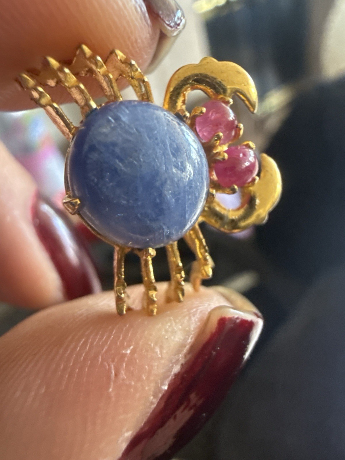 Vintage Jelly Belly Gold Plated Star Sapphire Ruby Eyes Crab C Clasp Pin Brooch