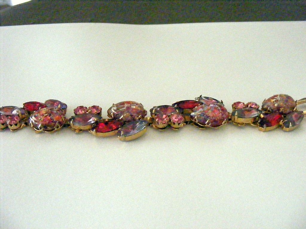 Vintage Bracelet Ornate Confetti & Rhinestones Pink, Red, Lt Purple Prong Set