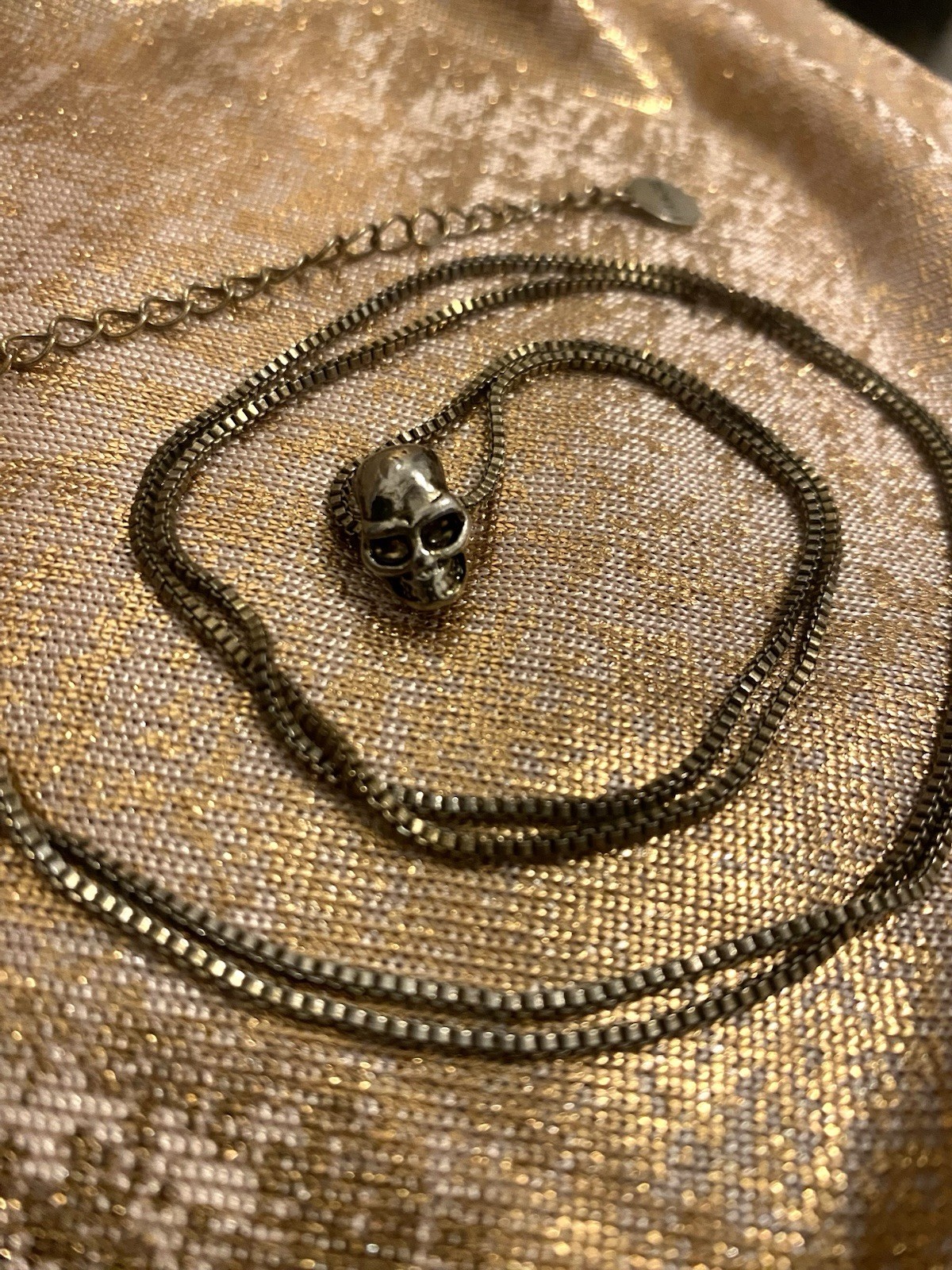 Vintage Vivace Skull Charm Necklace 32.5-35.5” Silver Tone Goth Designer Jewelry