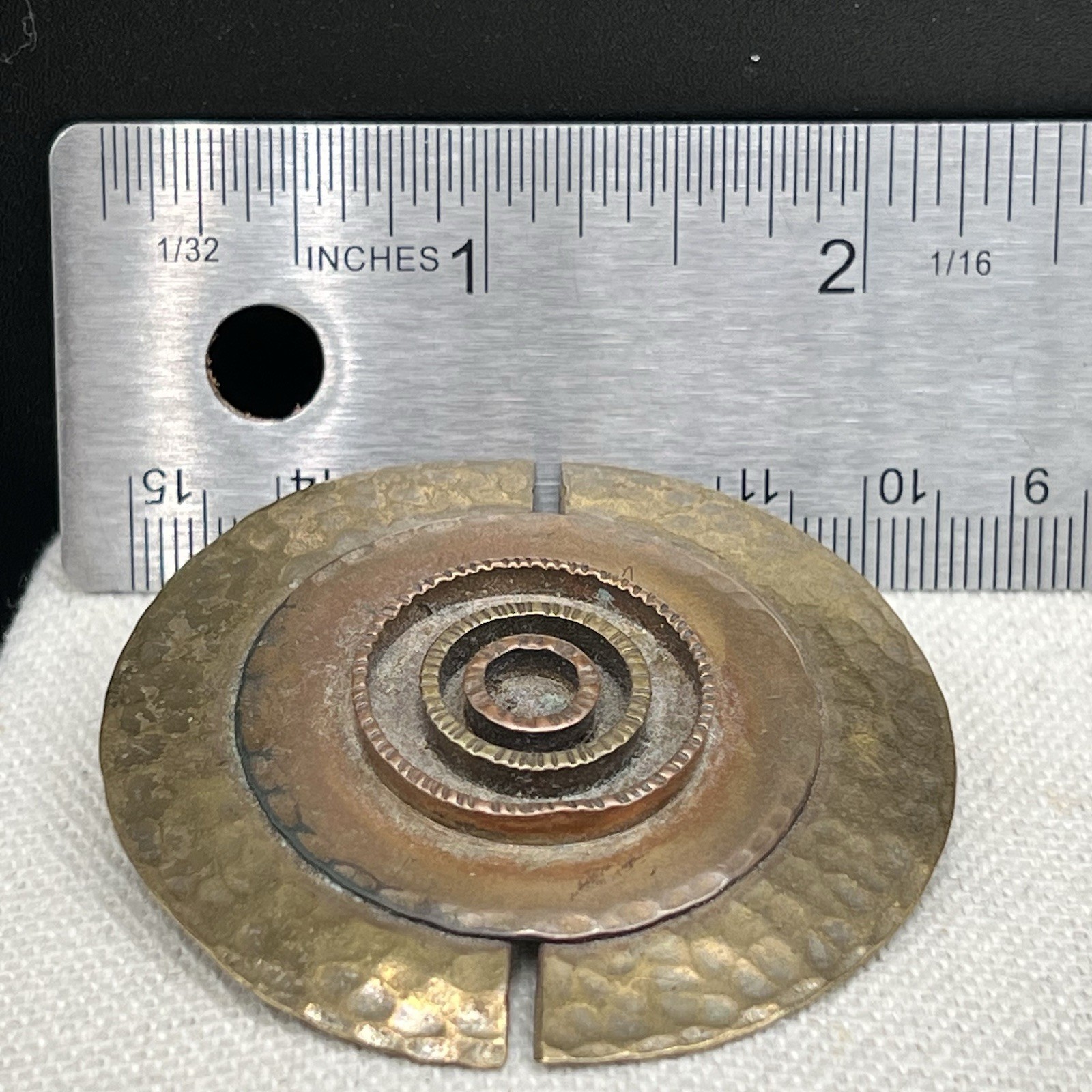 Vintage Modernist Brutalist Brooch Hammered Mixed Metal Disc Abstract Statement