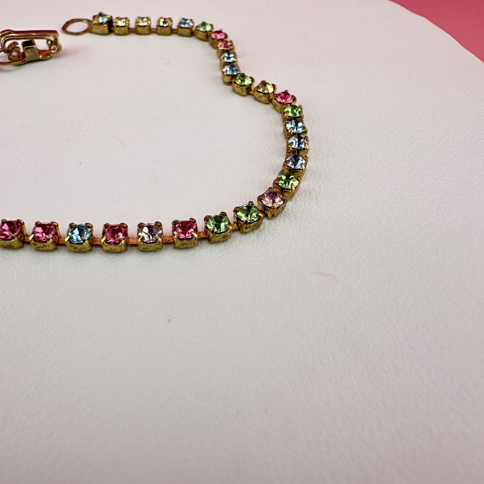 Vintage Rhinestone Bracelet Pastel Multi Color Gold Tone Tennis Cup Chain 6.75″