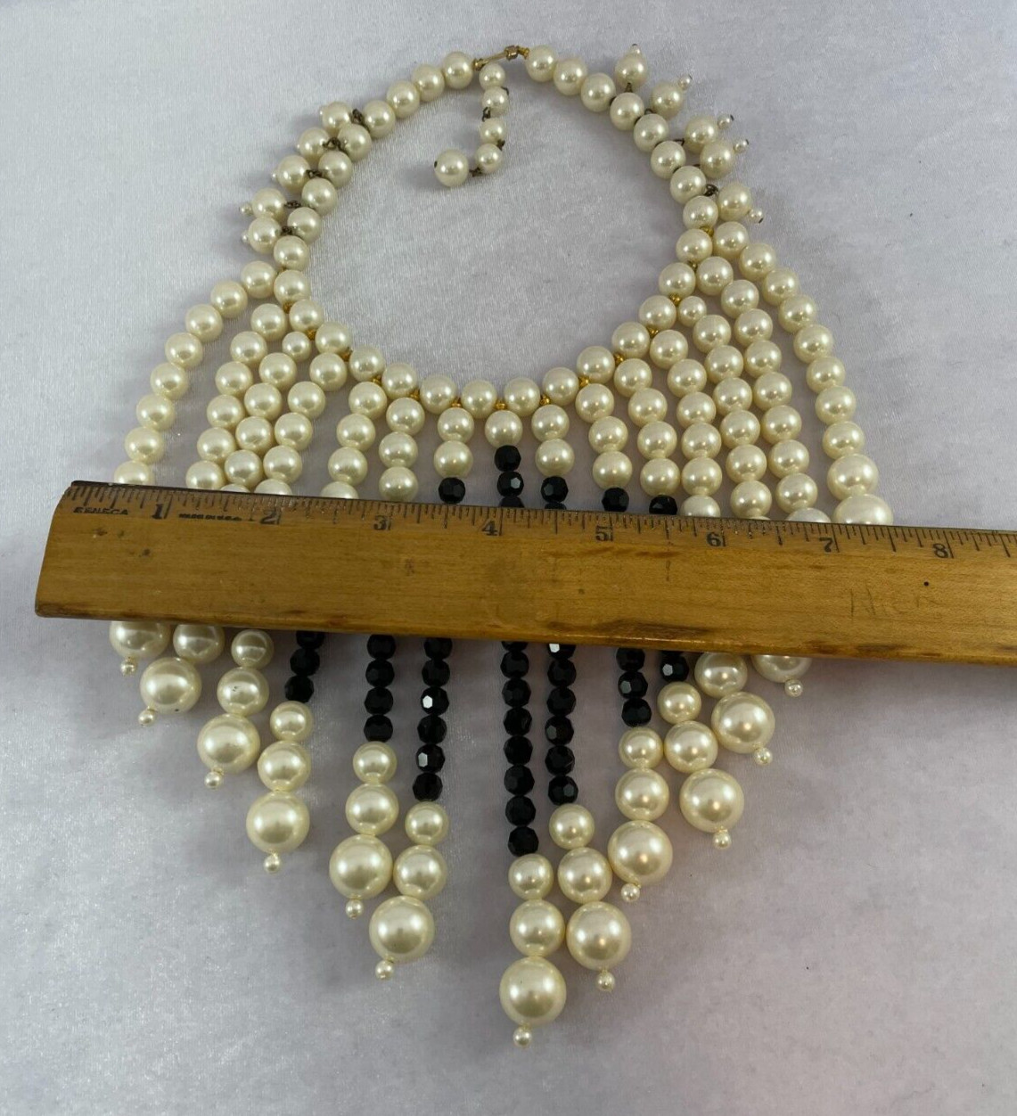 Vtg MARVELLA Fringe Bib Collar Faux Pearl Black Faceted Crystal Choker Necklace