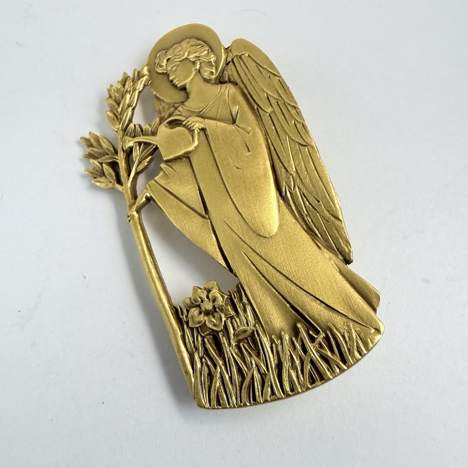 Vintage Catholic Angel Watering Garden Art Nouveau Gold Tone Brooch Signed AA
