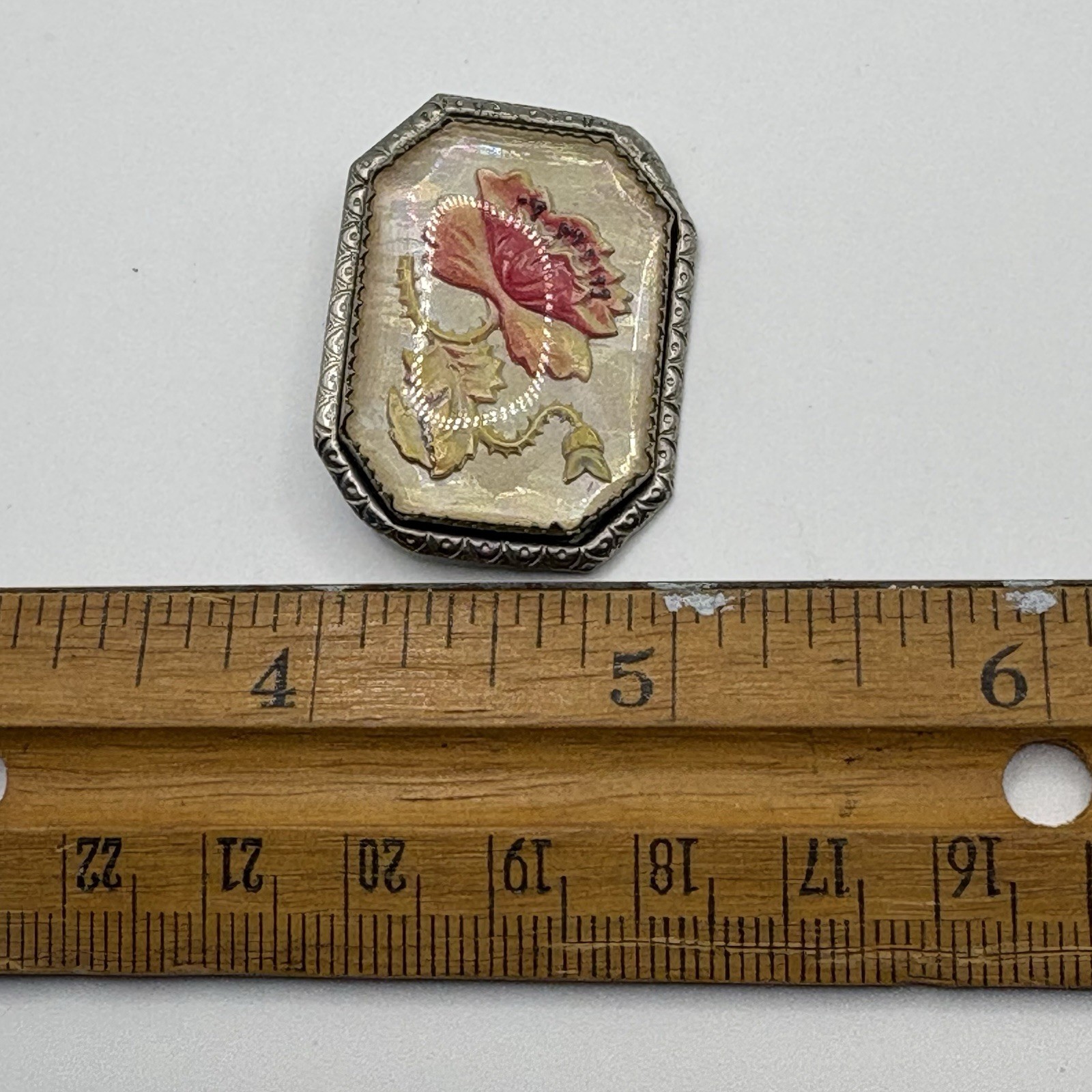 Vintage Reverse Carved Intaglio Brooch Poppy Flower Engraved Silver Tone Setting