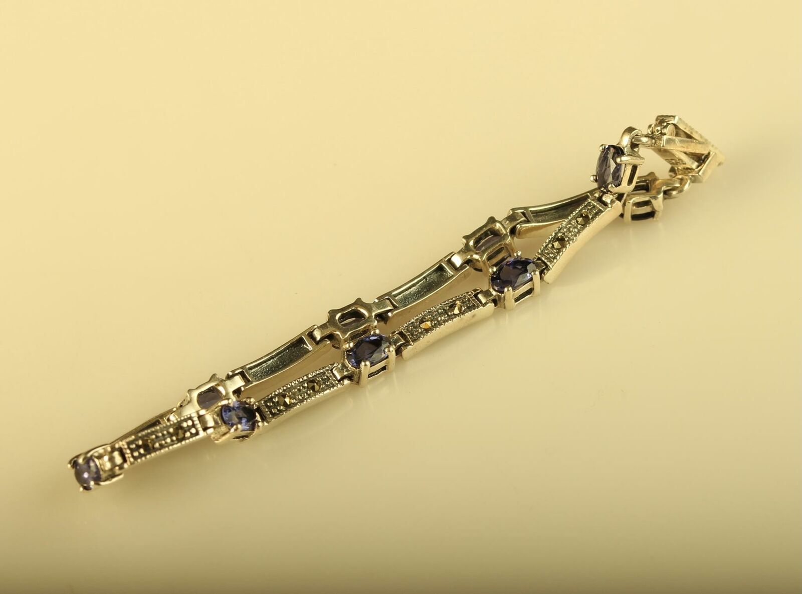 Vintage Sterling 925 CW Charles Winston Amethyst & Marcasite Panel Link Bracelet