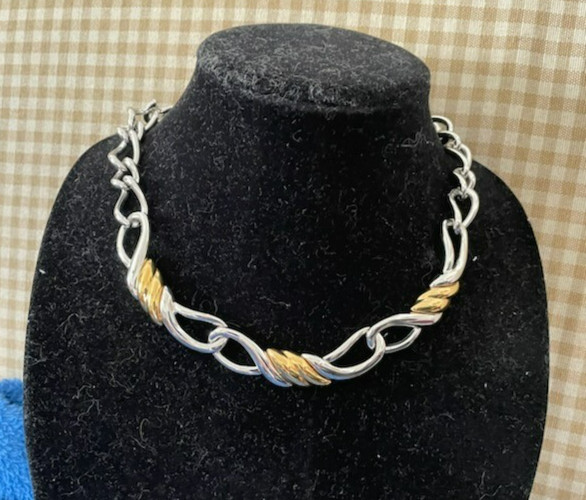 Vtg MONET Chunky Choker Rope Chain Necklace Two Tone Statement SILVER + GOLDTONE