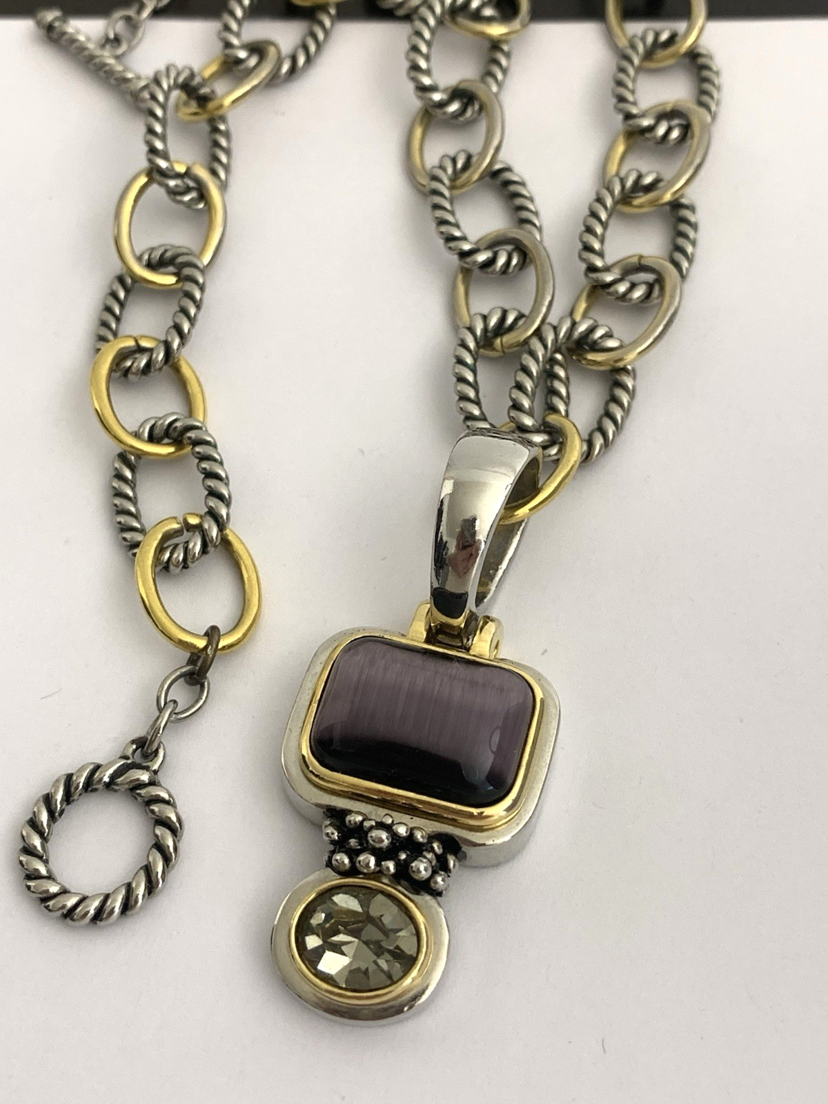 Vintage Silver and Gold Tone Cable Chunky Chain Necklace w/ Purple Stone Pendant