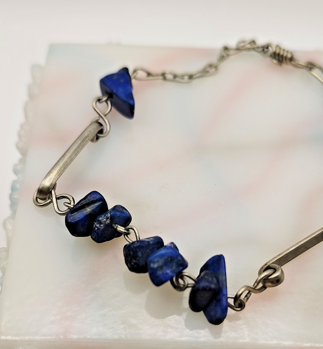 Vintage Iolite Lapis Lazuli Gemstone Beads Artisan Chain Bracelet Hook Clasp 8″