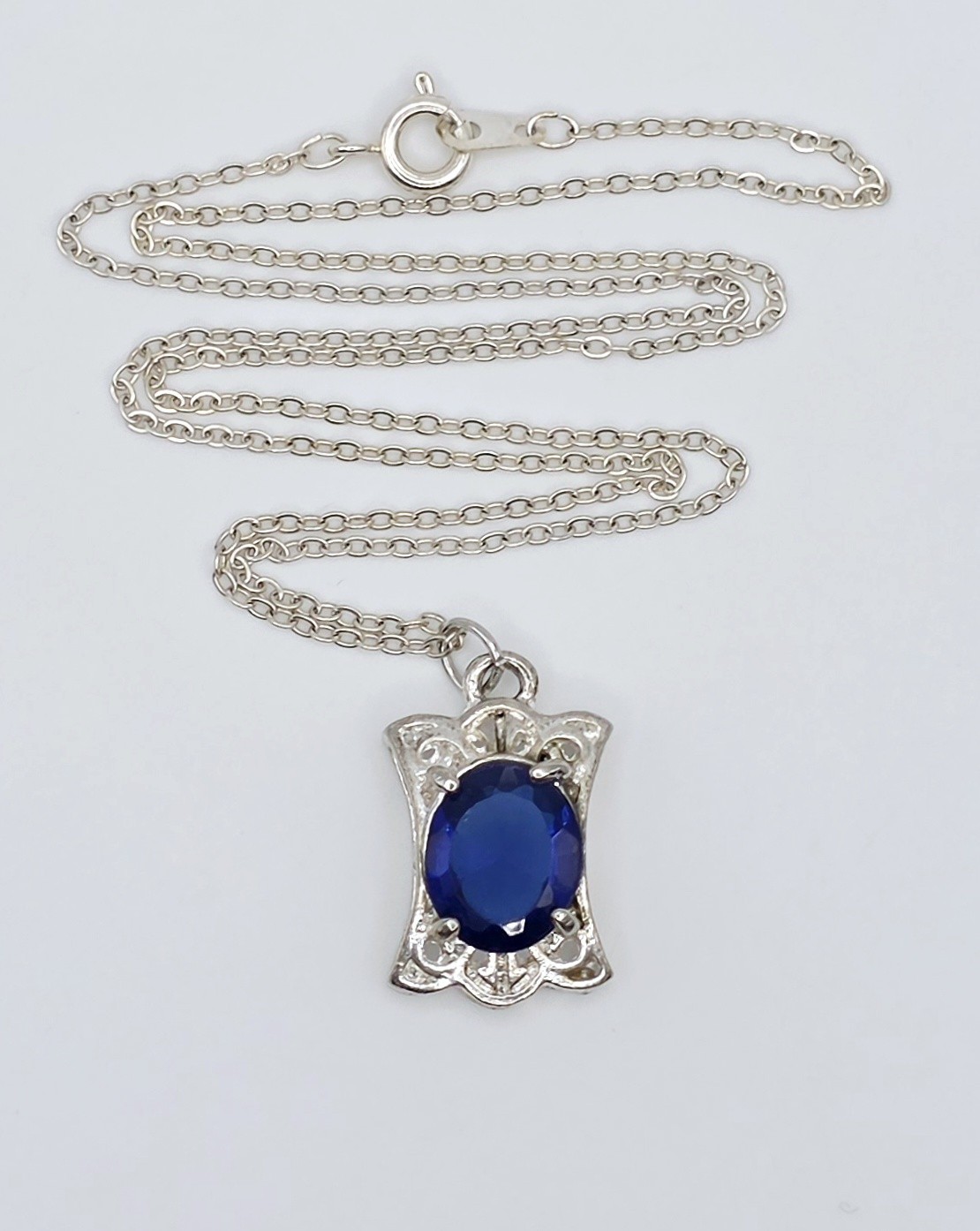 Vintage Blue Glass Pendant Necklace Art Deco Style Silver Tone Filigree