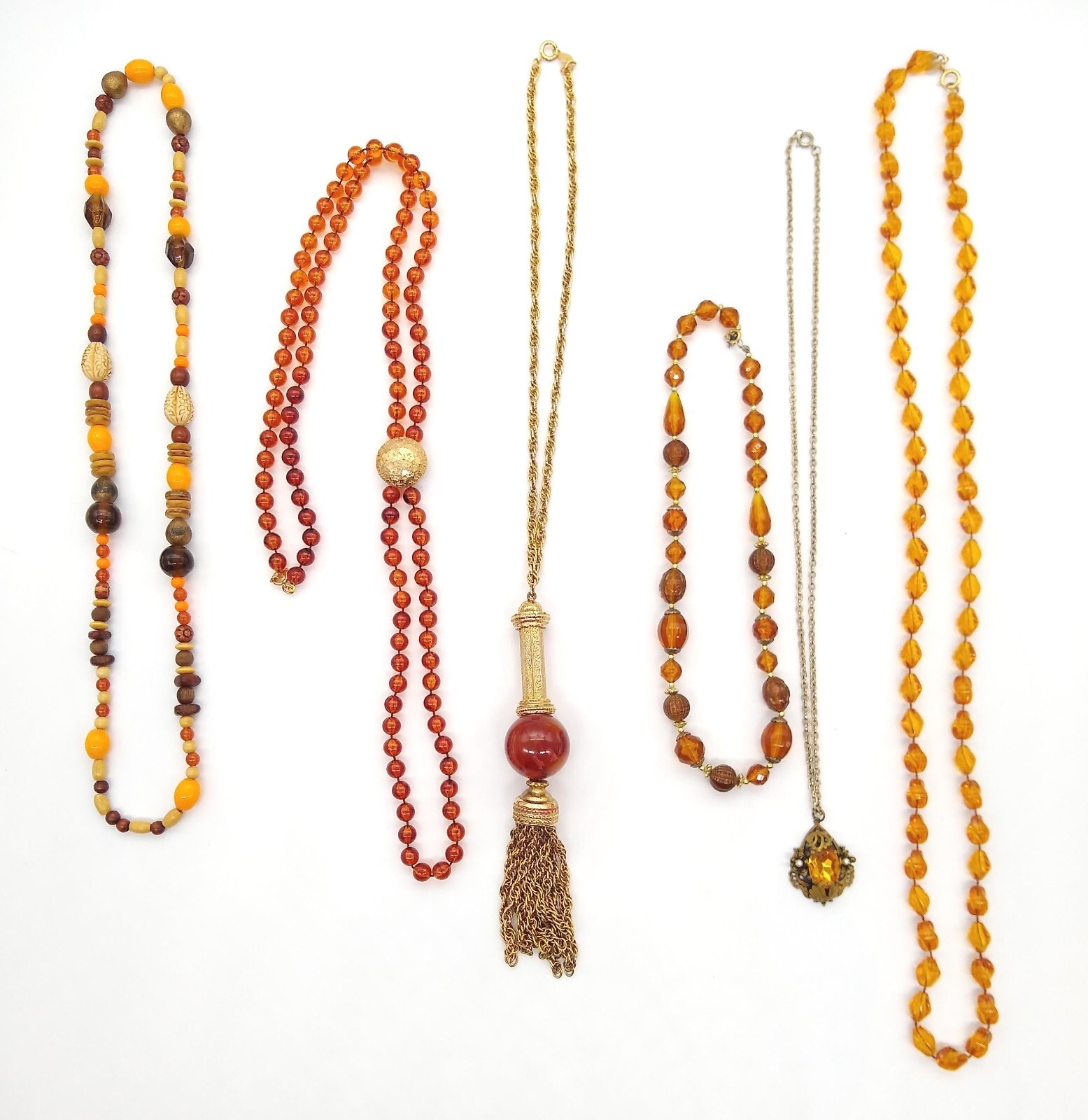 Amber Honey Topaz Color Beads Necklaces Lot of 6 Gold Tone Tassel Filigree Vinta