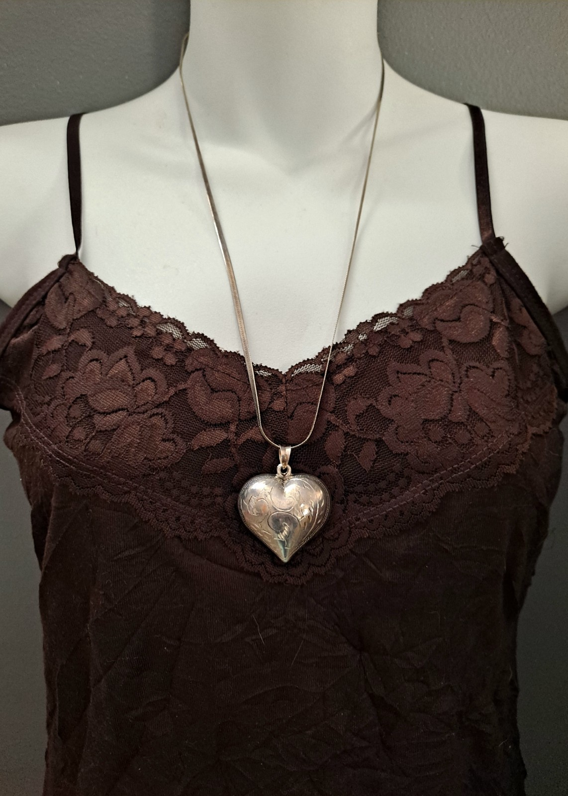 Vintage Puffy Heart Pendant Necklace Etched Design Included SS Chain 925