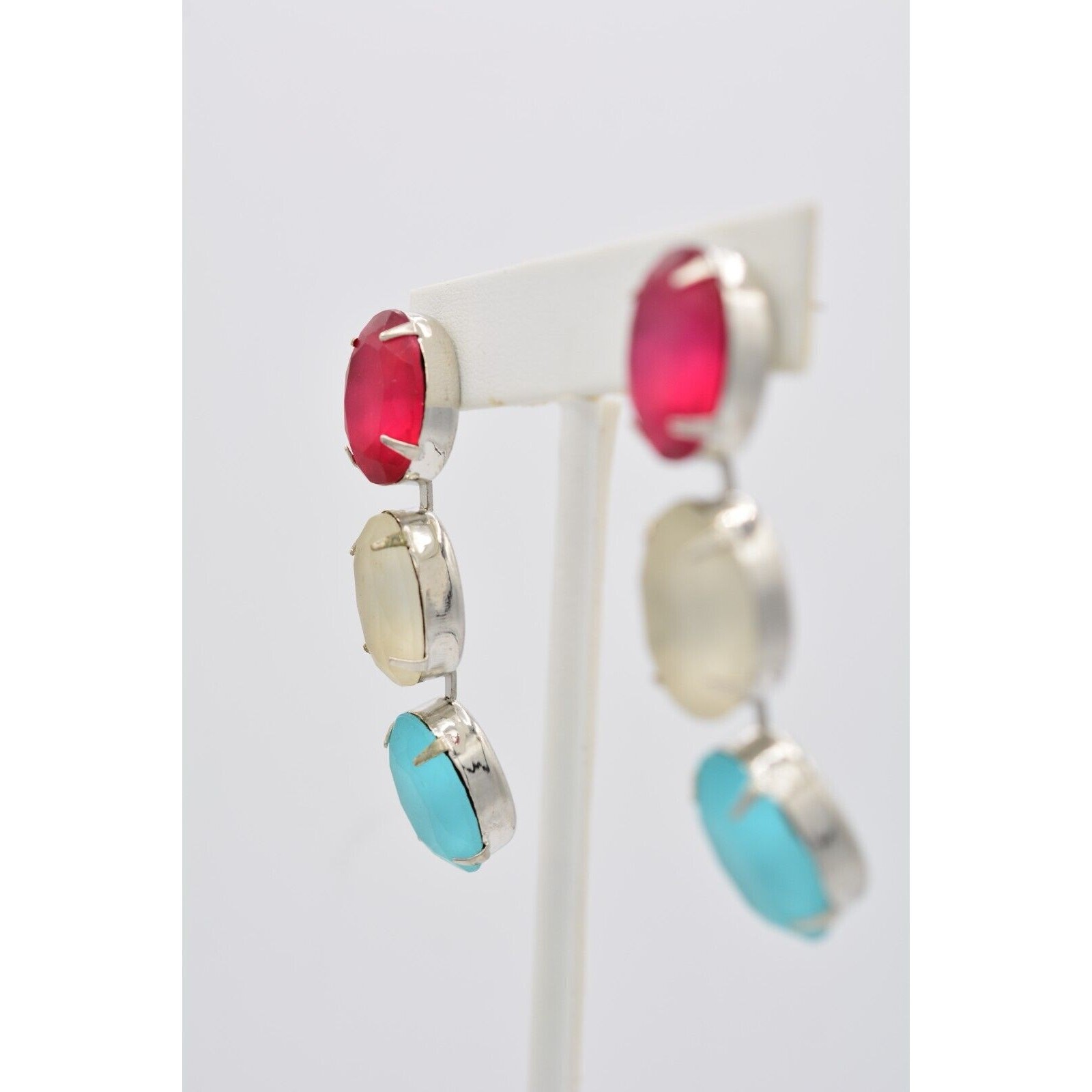 Vintage Frosted Crystal Drop Earrings Dangle Hot Pink White Blue Chunky 80s A19