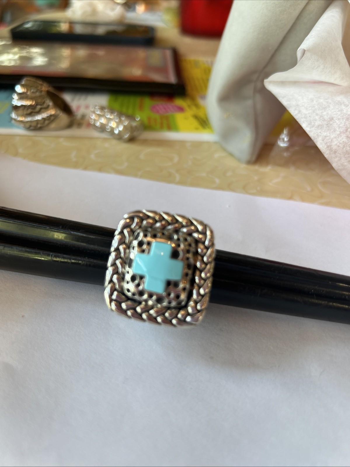 UNUSUAL DIAN MALOUF STERLING TURQUOISE Cross RING SZ 7.5