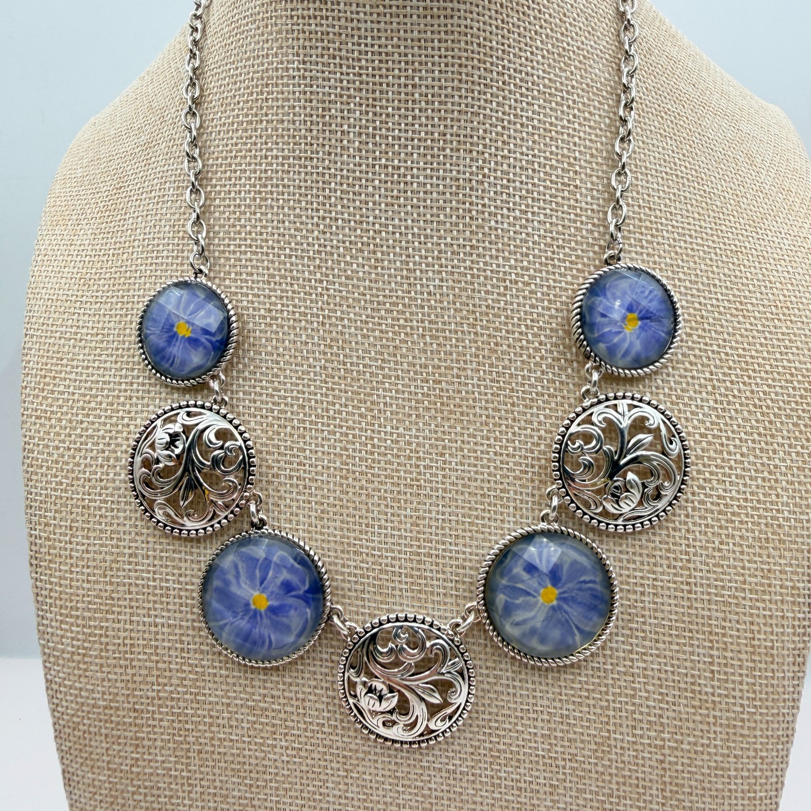 Vintage 90s Silver Tone Blue Flower Glass Cabochon Classic Fashion Jewelry Set