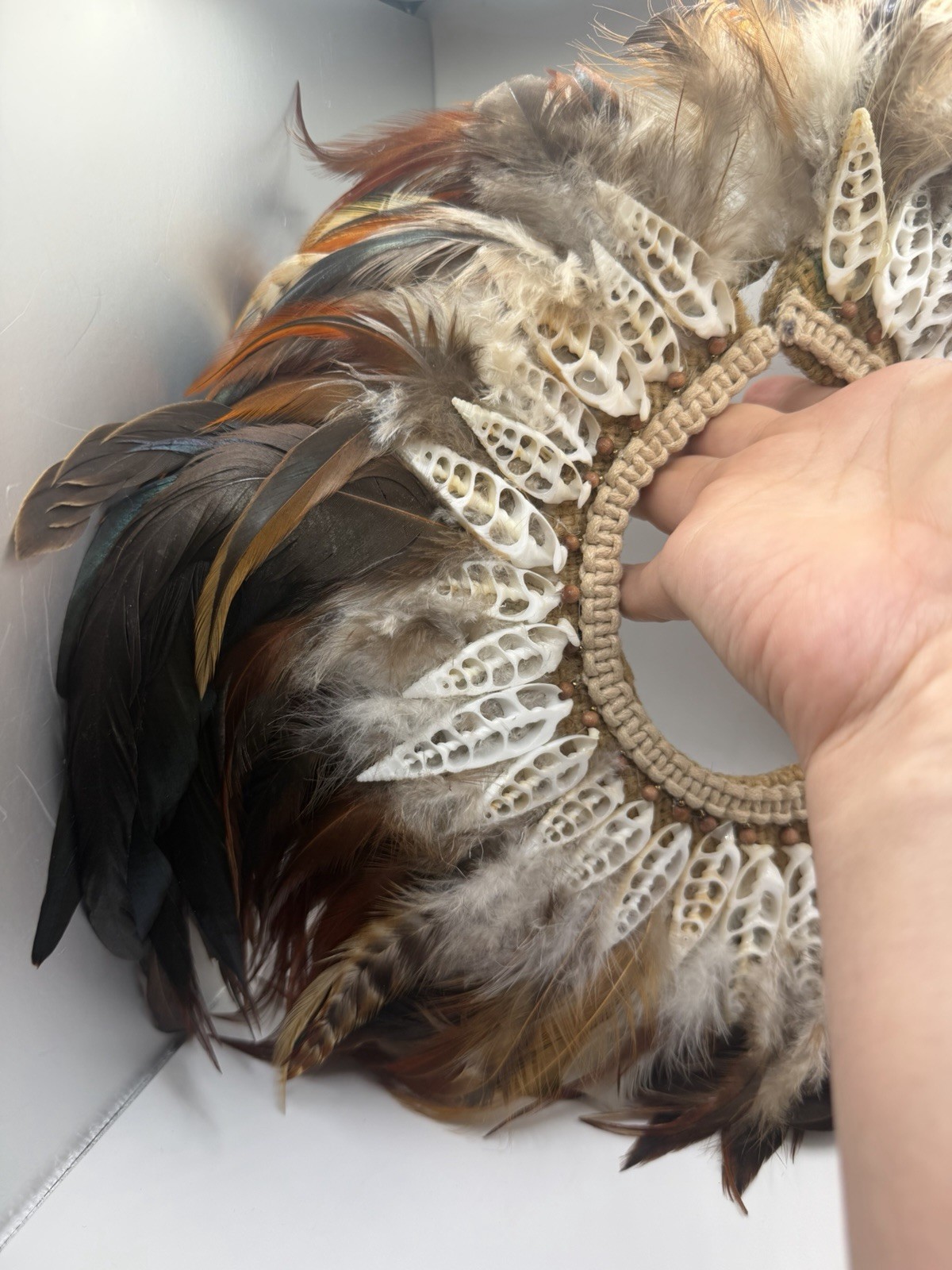 Vtg Statement Woven Collar Necklace Shell Feathers Beaded Native Jute Tribal 13”