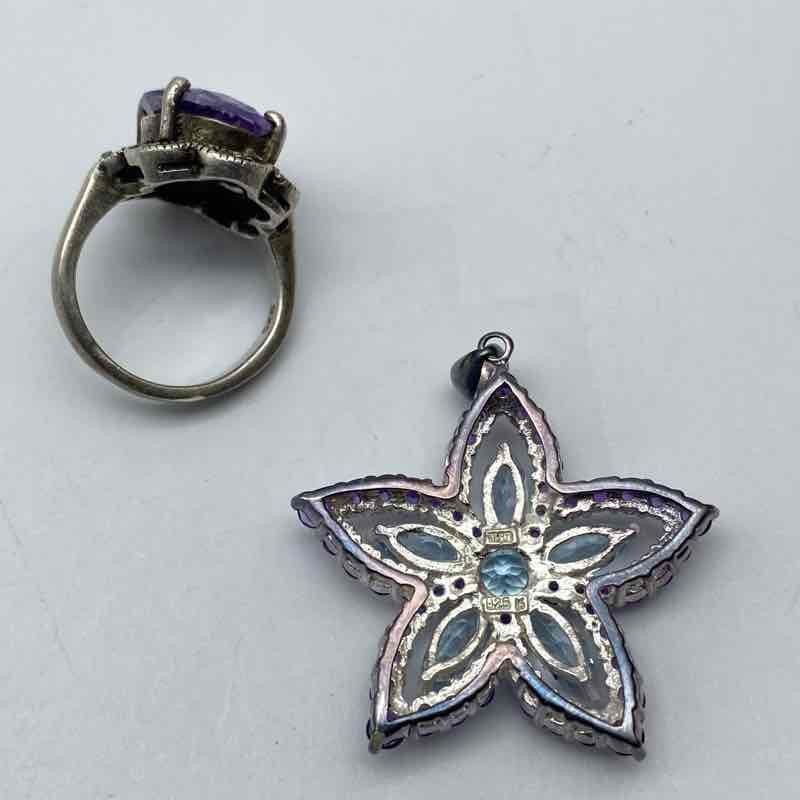 Sterling Silver 925 Amethyst Blue Topaz Ring Pendant Jewelry Lot 18.1g Size 6.25