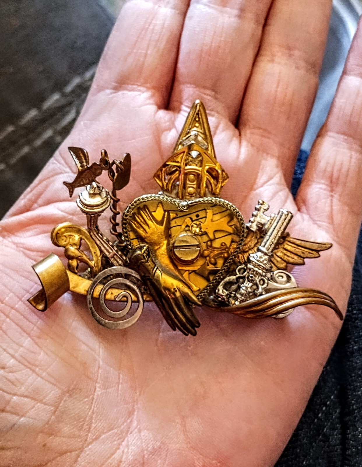 1980s Maximal Art John Wind Heart Brooch w/ Hand, Key & Charms