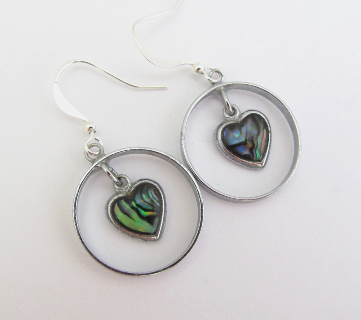 Vintage Heart Earrings Abalone Paua Shell Hoops Silver Plate Boho Love Jewelry