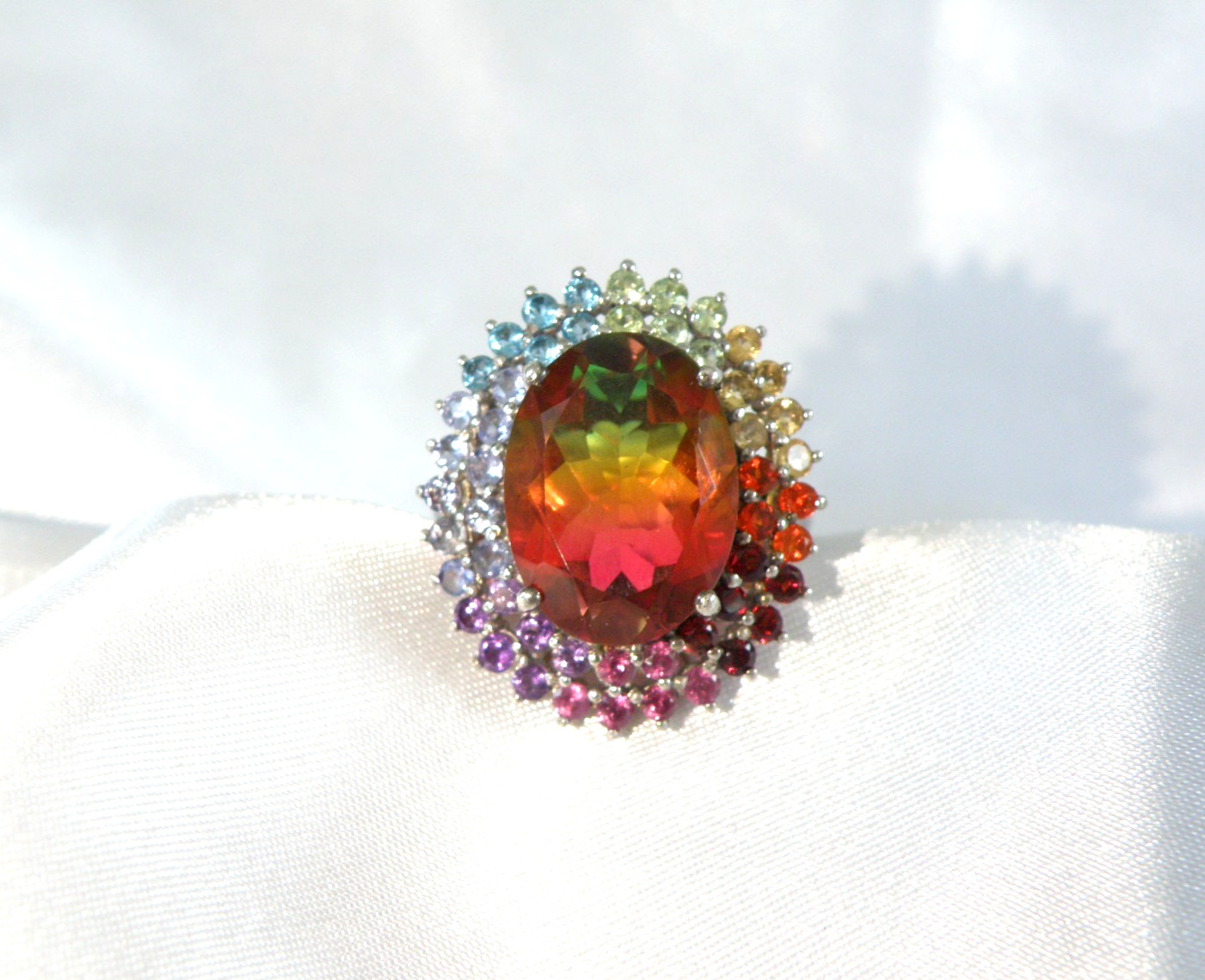 Large Sterling Silver 925 Watermelon Tourmaline Exotic Gemstone Statement Ring 8